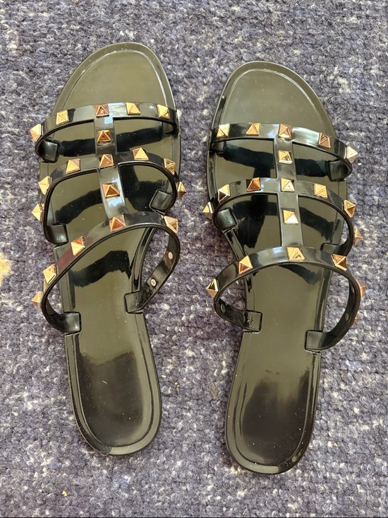 Shoes - Black Studded Strappy Slide Sandals - Women's